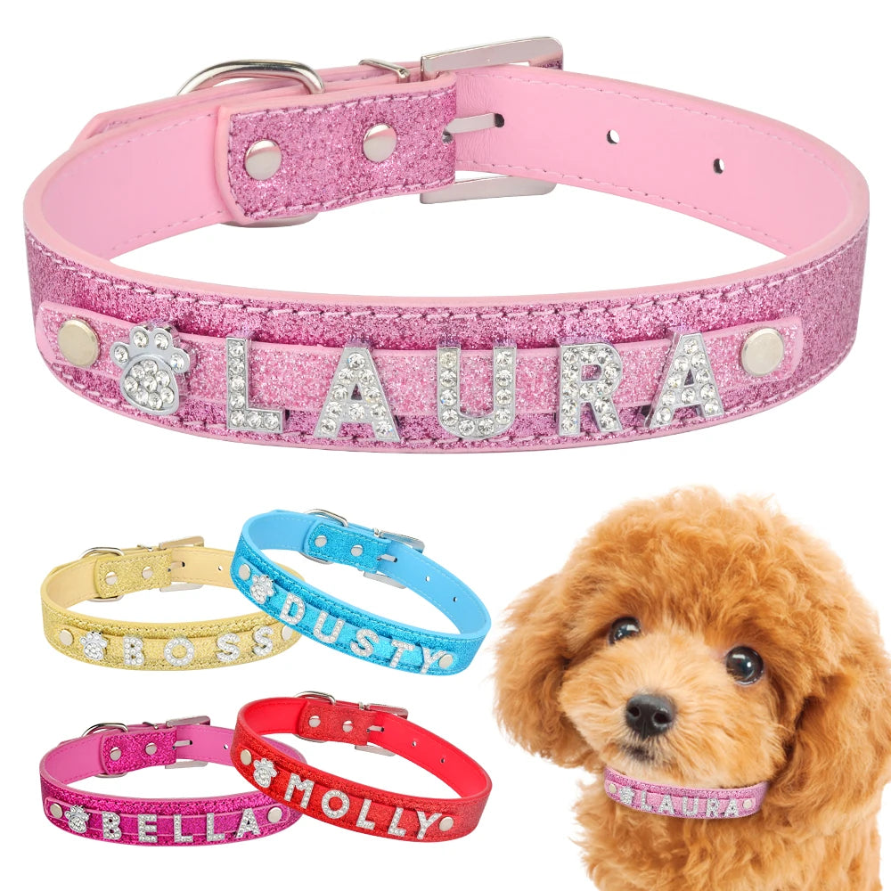 Personalized Dog Collar Leather Rhinestone
