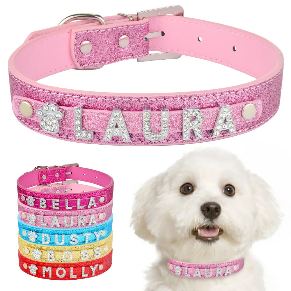 Personalized Dog Collar Leather Rhinestone