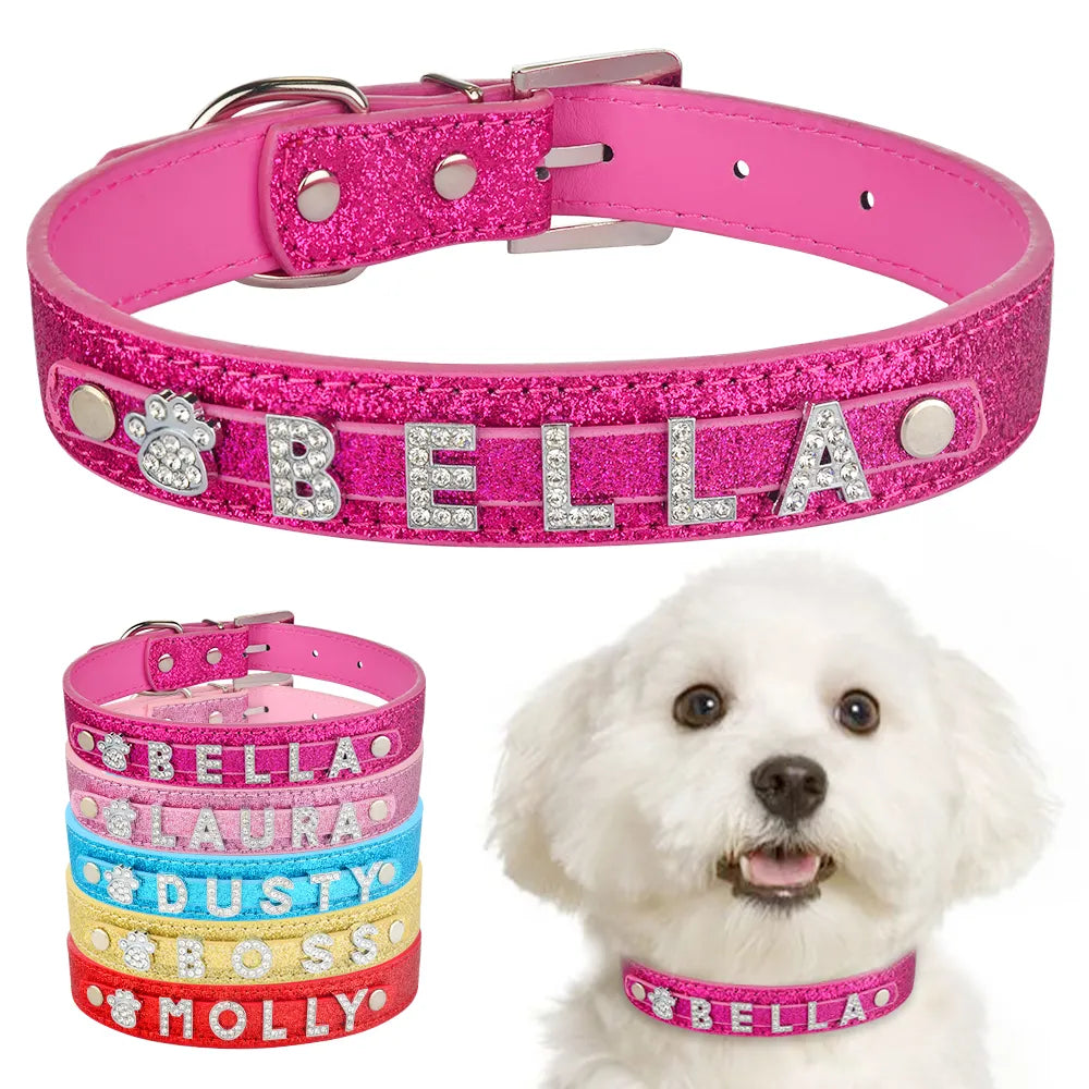 Personalized Dog Collar Leather Rhinestone